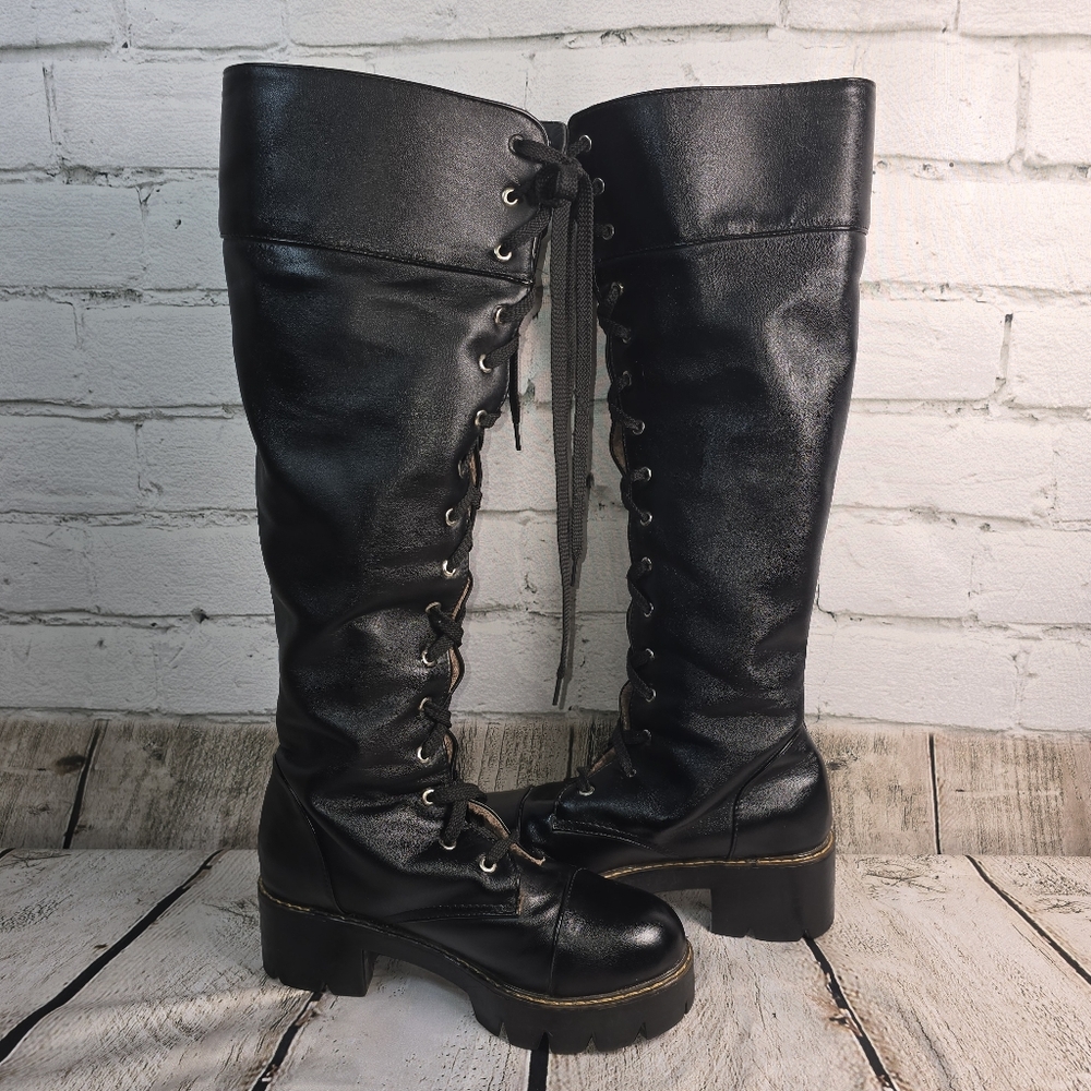 Black Lace-Up Knee-High Boots Soft Fur Lined Biker Goth Chunky Size Euro 38 Us 8 - Picture 8 of 15